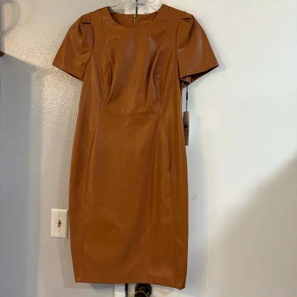 Calvin Klein Camel Tan Faux Leather Dress Caramel Mocha Expresso 10 Vegan